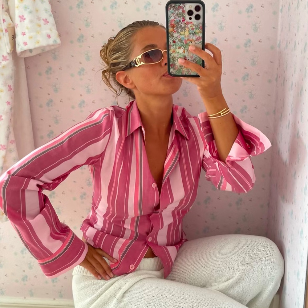 Djerf Avenue Pink Striped Button-Down Shirt